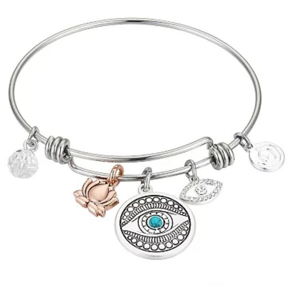 Love This Life Two Tone Evil Eye & Lotus Flower Bracelet New - Picture 2 of 5